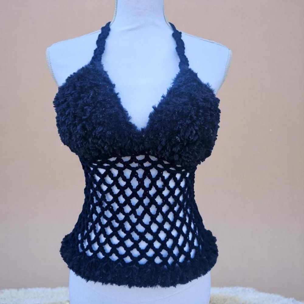 Handmade Halter Top Womens XS-M Navy Blue New Fluffy Mesh
